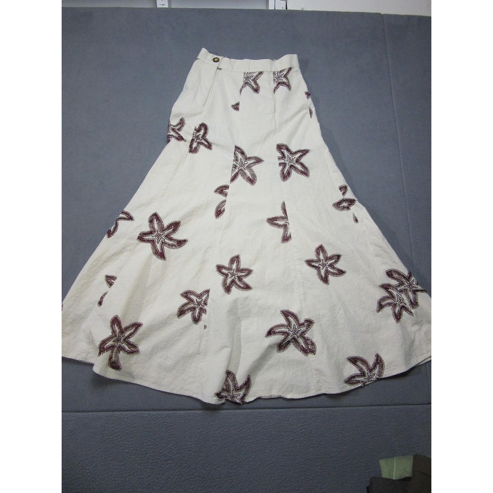 Zara Skirt Womens XS Beige Embroidered Maroon Starfish A Line Long Cotton Beachy